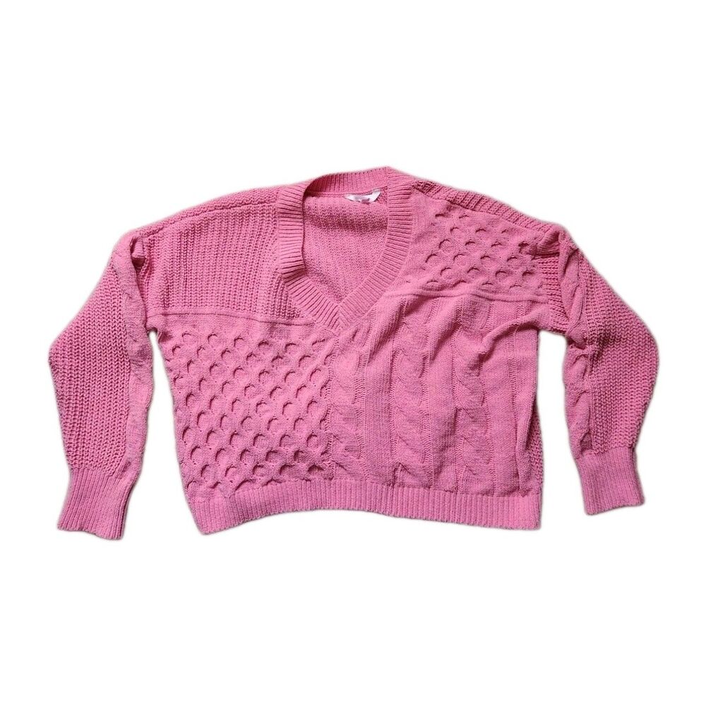 No Boundaries Patchwork Chunky Knit Sweater V Neck Pink Long Sleeve Juniors 3XL